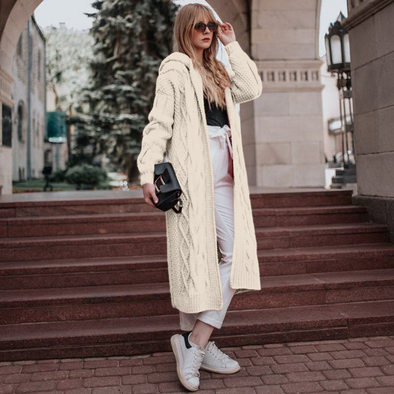 Women Solid Hooded Long Cardigan Sweater Twist Knitted Sweater