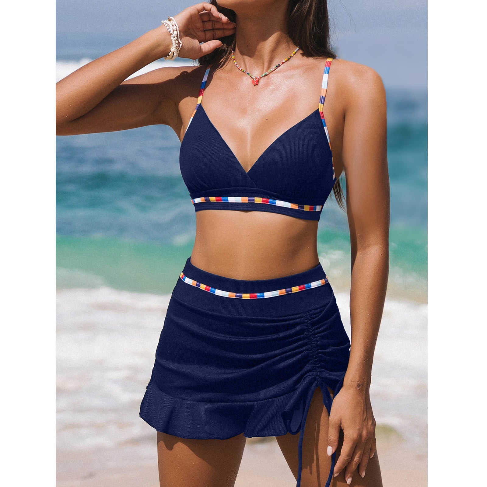 Solid Color Sexy Gathering Skirt Fashionable Women's Split Swimsuit