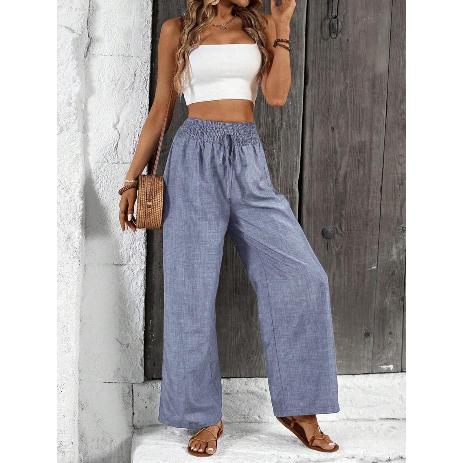 Women's Elastic High Waist Breathe-Fabric Wide Leg Pants - Adjustable Drawstring, Flowing Cut Casual Outfits Women Summer Beach Trousers