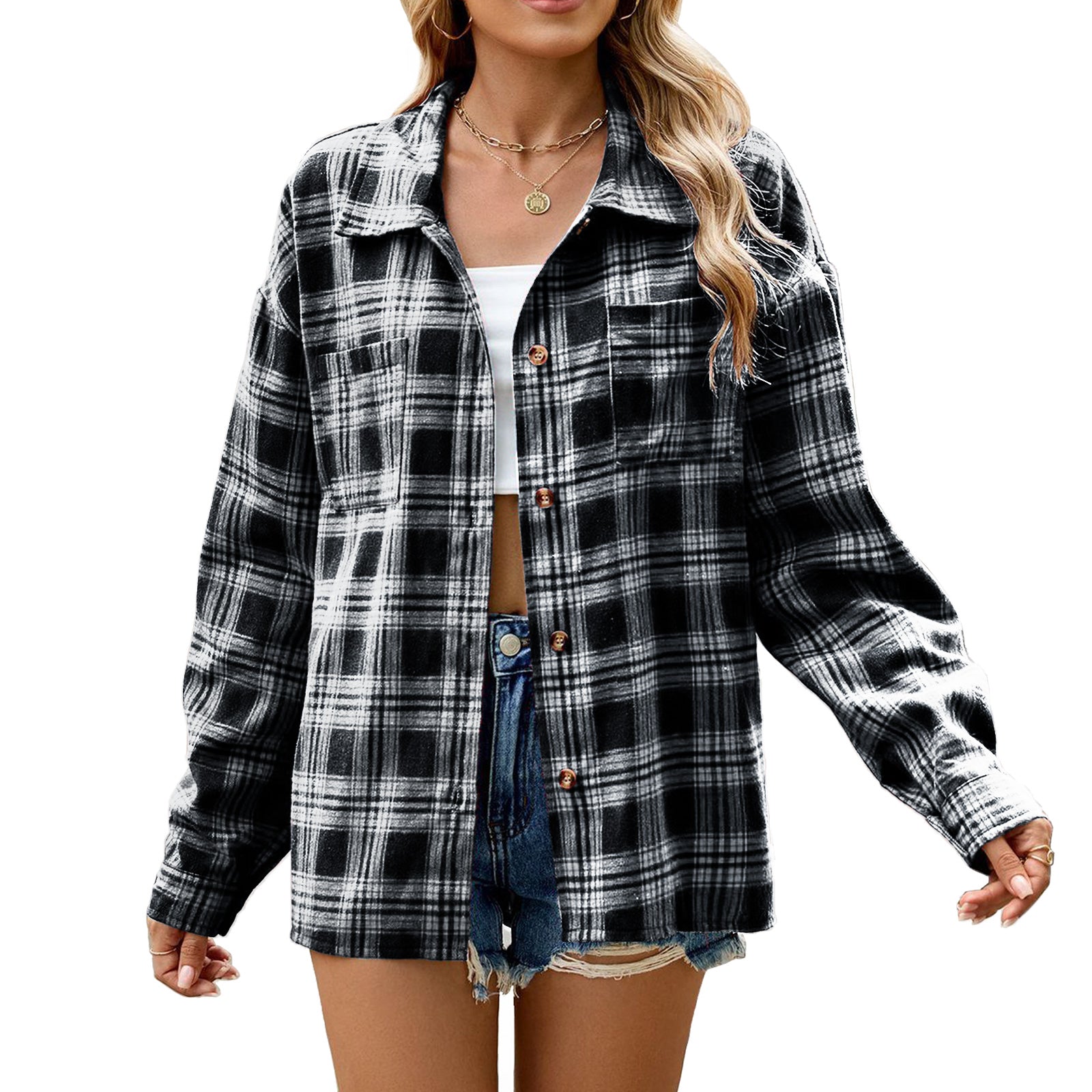 Lapel Long Sleeve Pocket Button Plaid Shirt Top Women