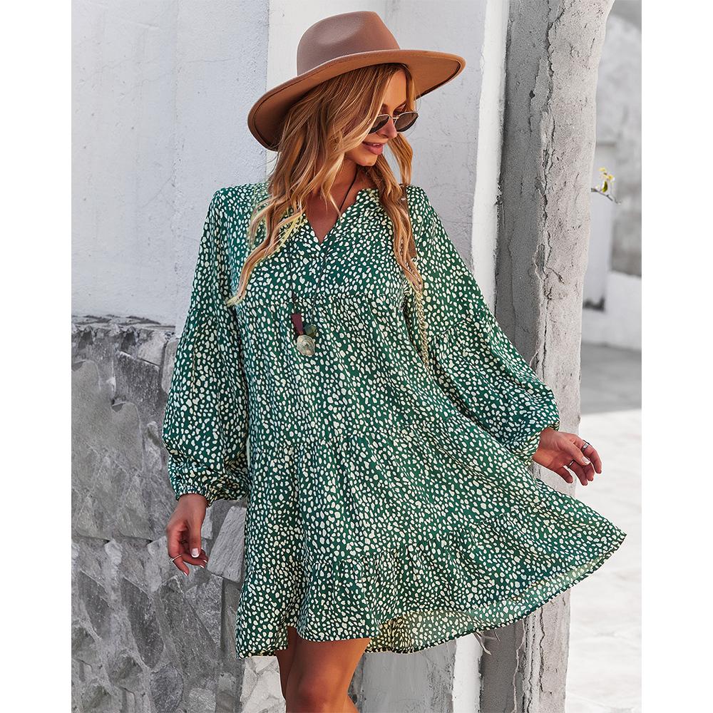 Women's Soft Lightweight Feminine Elastic Bohemian Leopard Speckled Print Long Lantern Sleeve V-Neck Tiered Ruffle Mini Dress - Comfortable Fit, Hip-Loose Flowy Tunic, Casual Wear for Day, Vacation