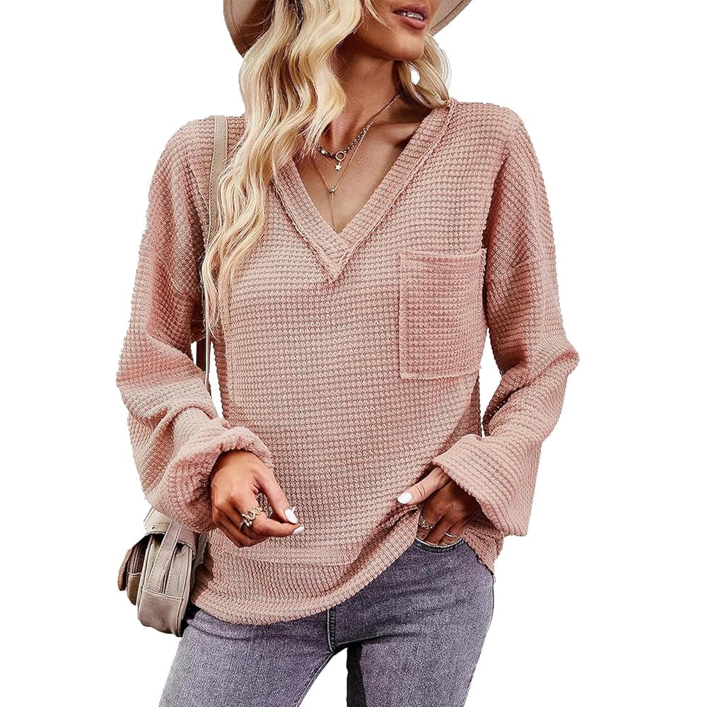 Women's Waffle Knit Raw Edge V-Neck Long Sleeve Blouse with Balloon Cuffs, Casual Loose Fit, Chest Pocket