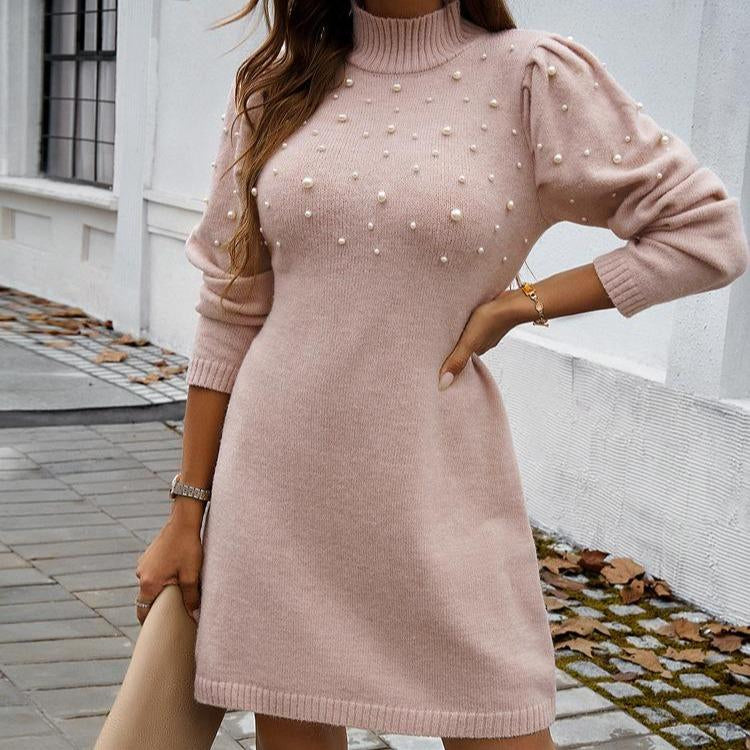 Women's pearl-embellished high-neck knit sweater dress with puff long sleeves, slim fit, bodycon, short length
