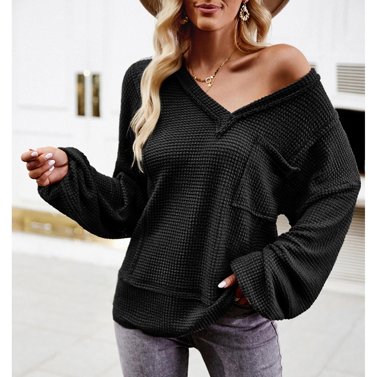 Women's Waffle Knit Raw Edge V-Neck Long Sleeve Blouse with Balloon Cuffs, Casual Loose Fit, Chest Pocket