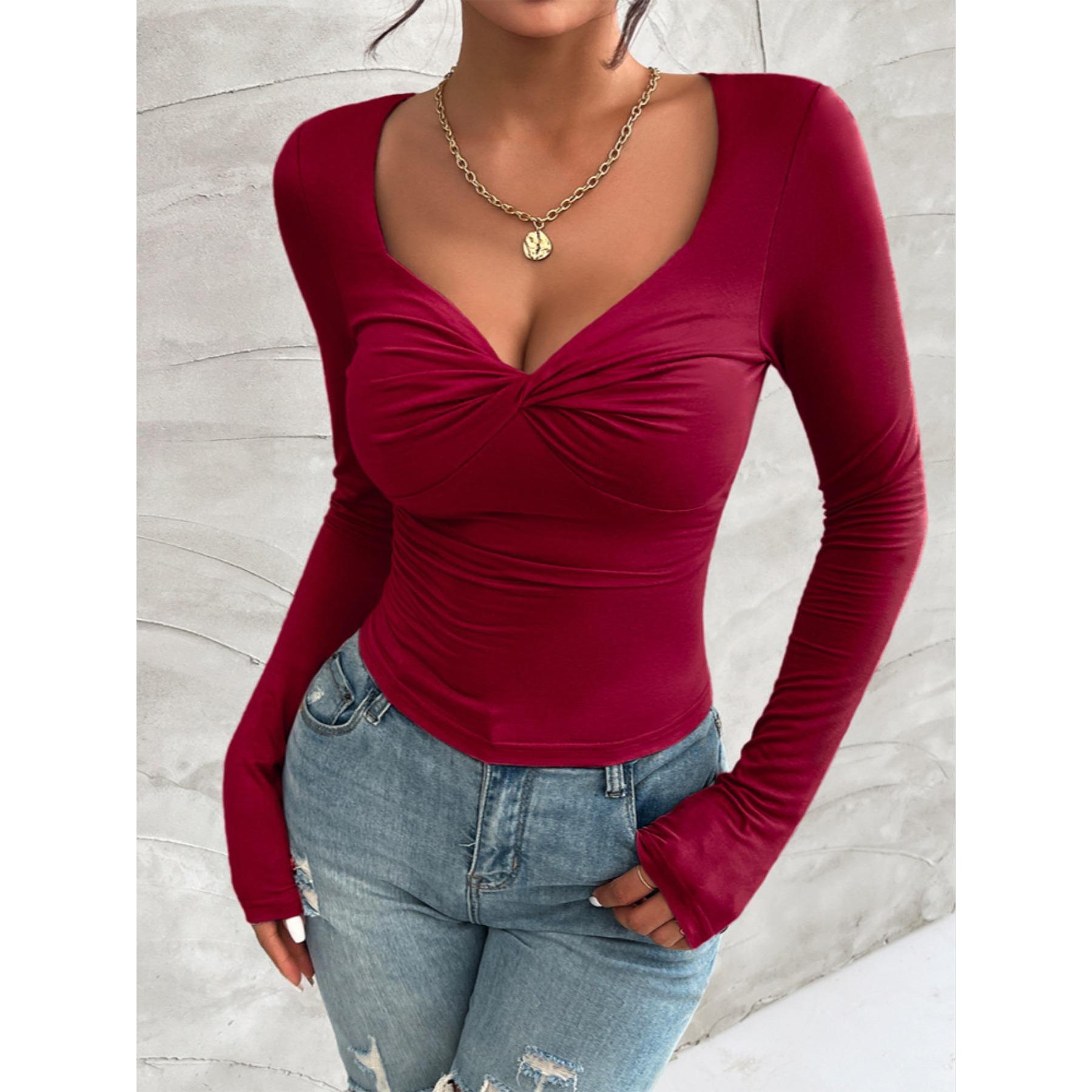 Twist Front V Neck Long Sleeve Top for Women, Slim Fit Thumb Hole Solid Crop Tee, Stretchy Basic Going Out Shirt