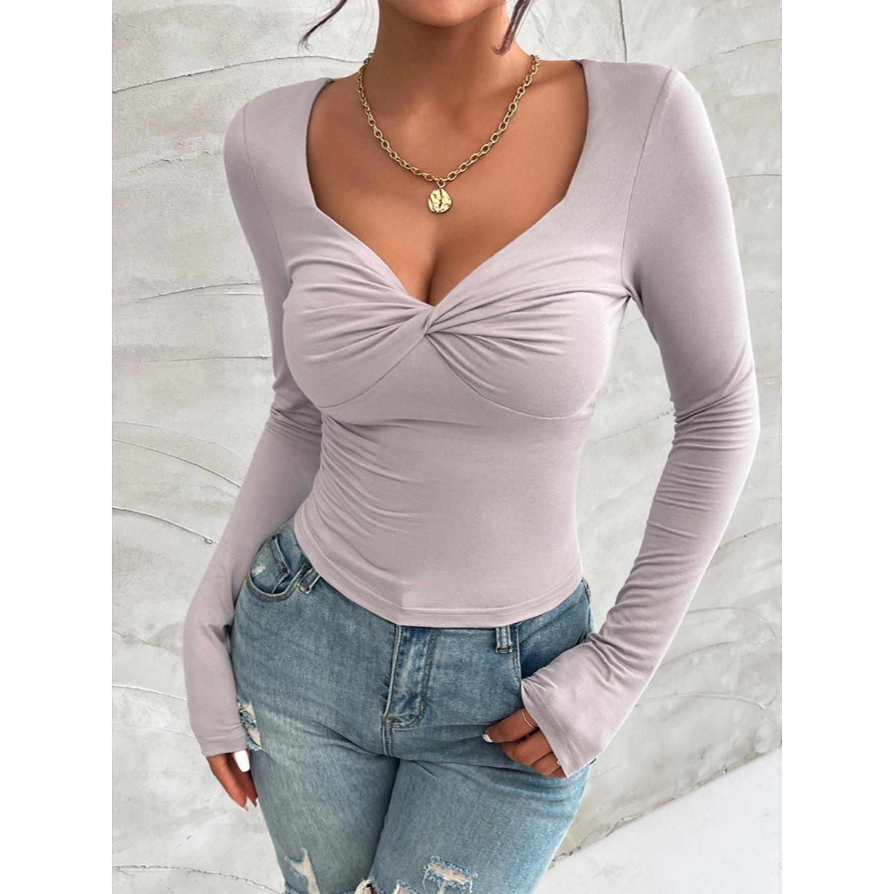 Twist Front V Neck Long Sleeve Top for Women, Slim Fit Thumb Hole Solid Crop Tee, Stretchy Basic Going Out Shirt