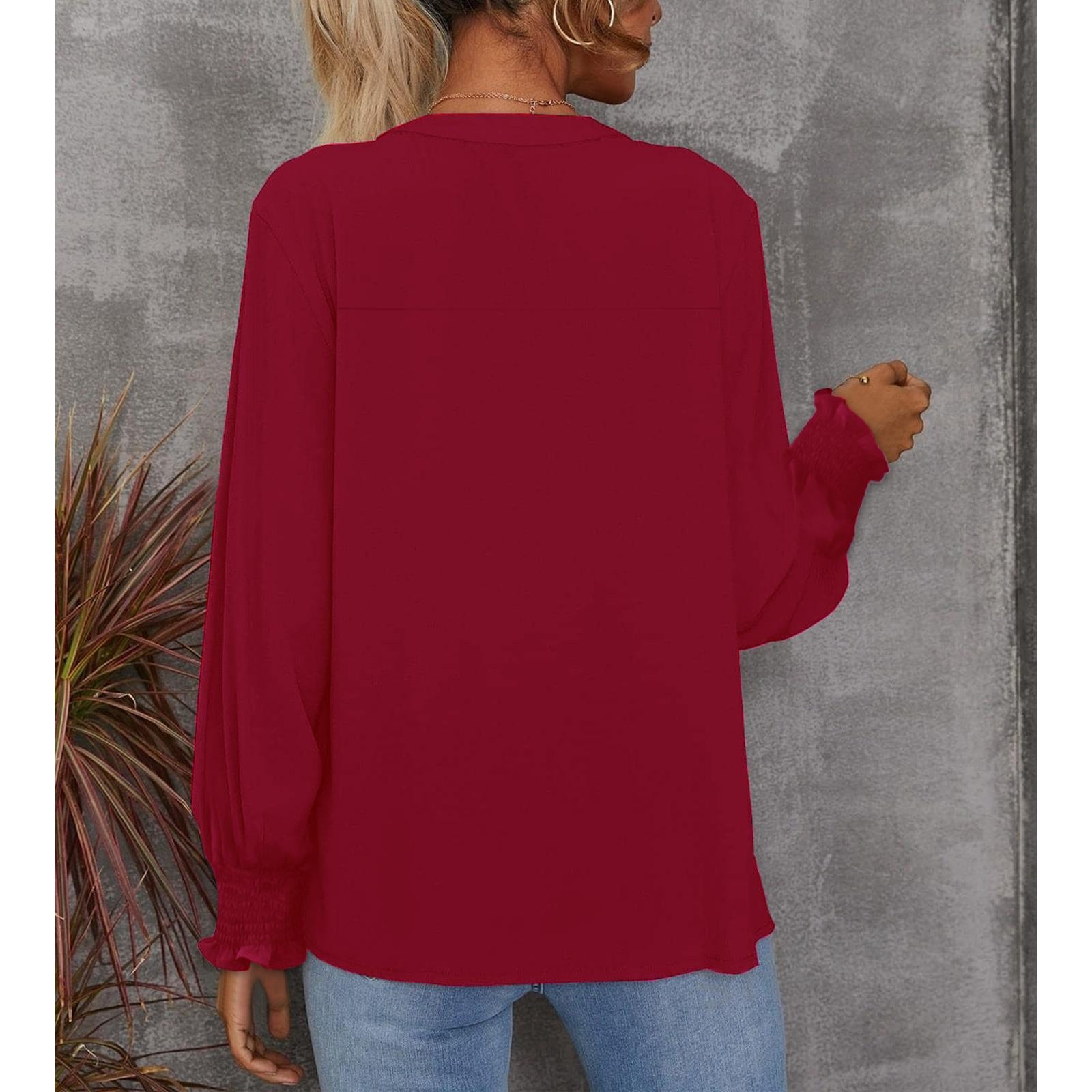 Women's V Neck Chiffon Blouse, Long Sleeve Smocked Cuff Flowy Casual Work Top, Loose Fit Dressy Shirts for Women