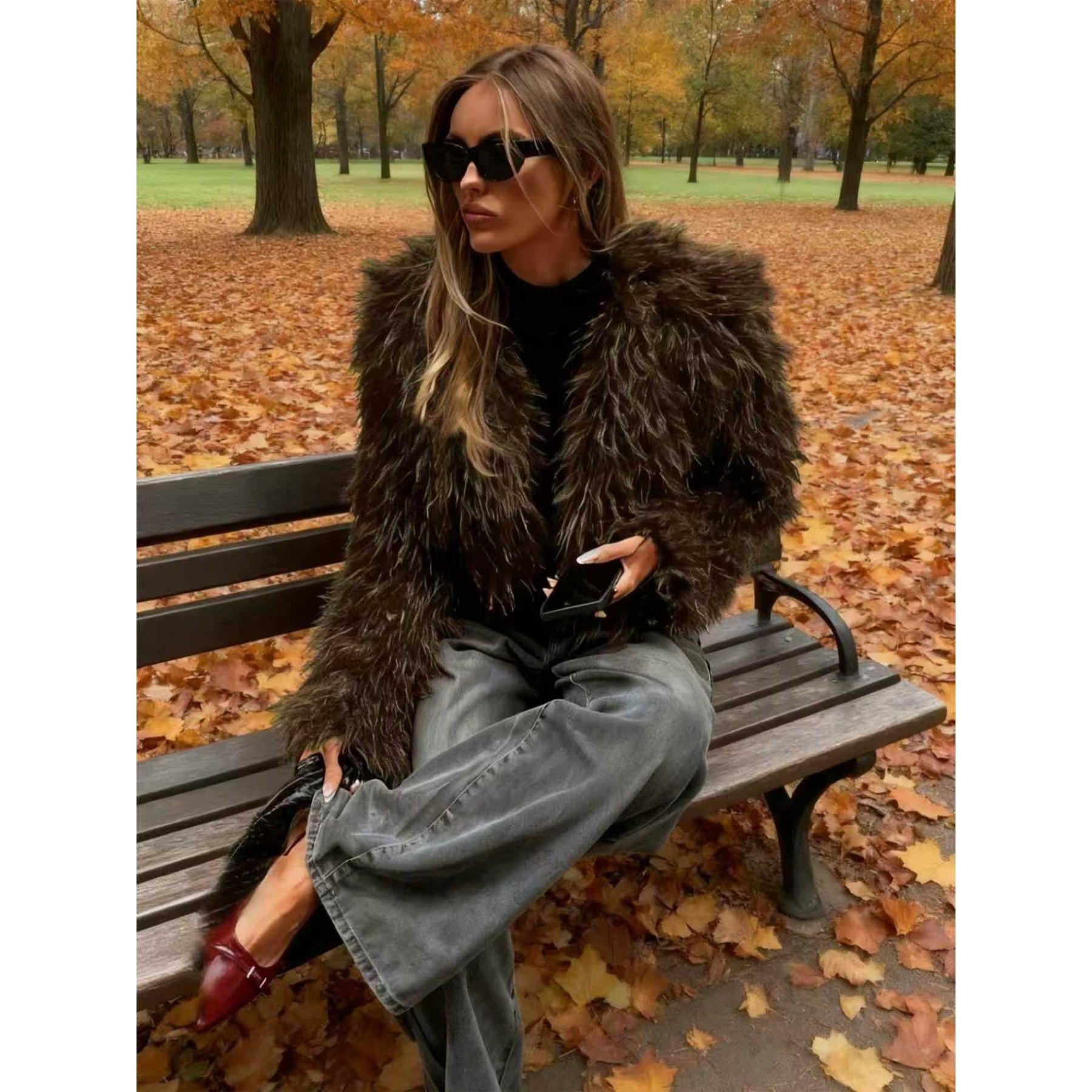 Women Shaggy Faux Fur Cropped Jacket, Long Fluffy Mongolian Faux Fur Open Front Short Coat, Trendy Fall Winter Streetwear Outerwear for Night Out Party