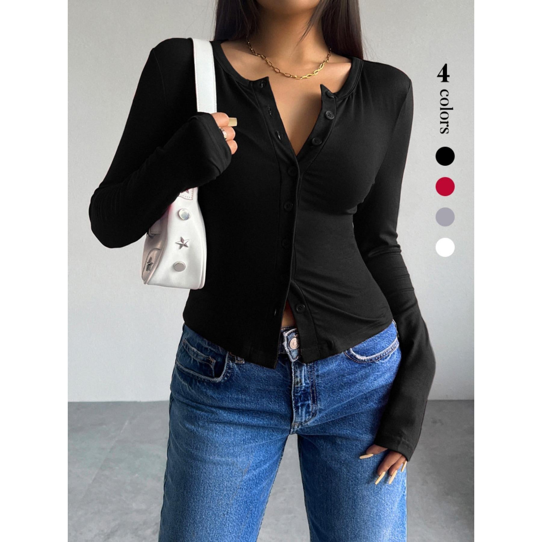 Women's Henley Neck Button-Down Long-Sleeve Cropped Blouse