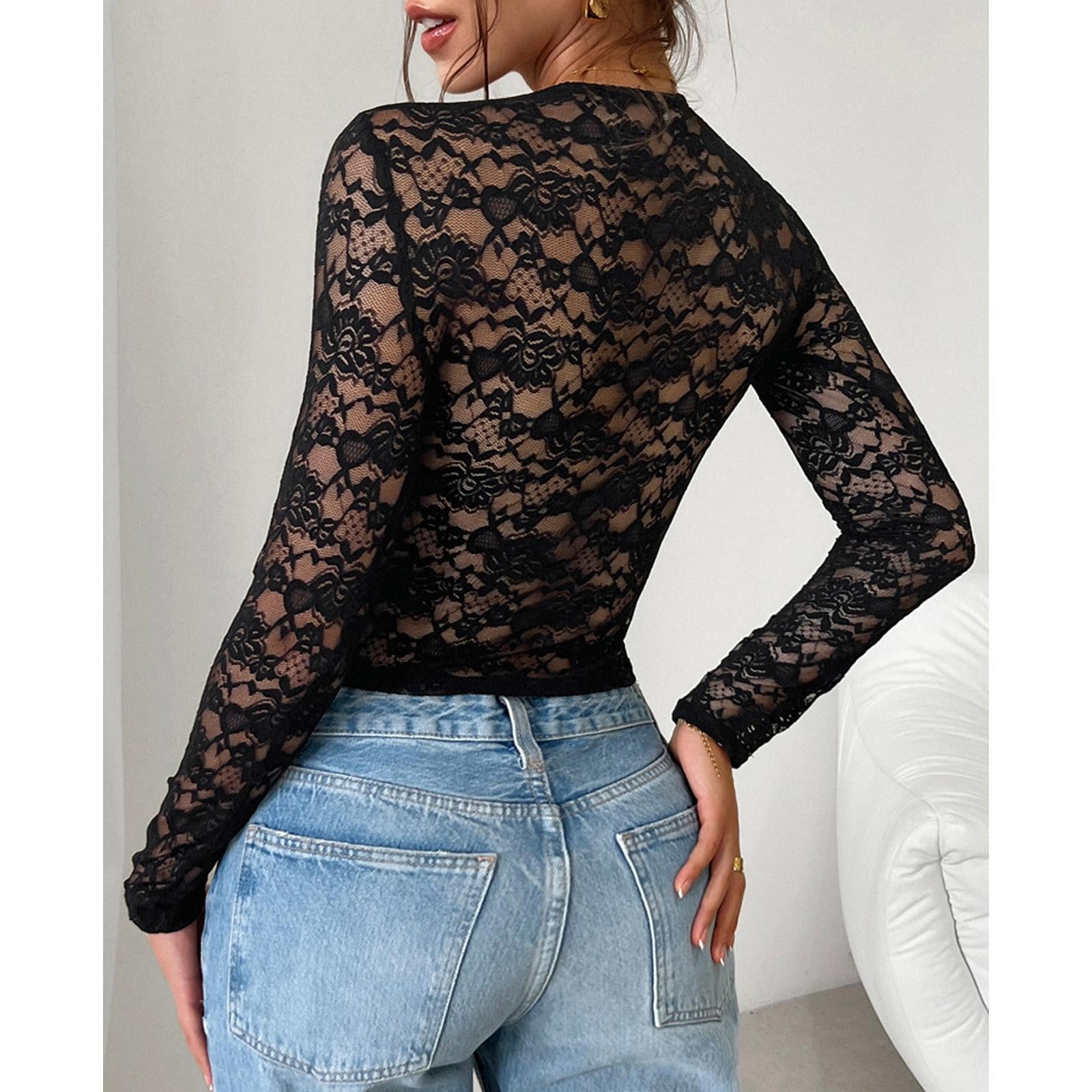Women's Sheer Floral Lace Cropped Blouse - Light Fabric, Deep V-Neck, Front Tie, Long Sleeve, Slim Fitted, Y2K Sexy Lady Going Out Top, Styling-Compatible with Cargo Pants