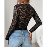 Women's Sheer Floral Lace Cropped Blouse - Light Fabric, Deep V-Neck, Front Tie, Long Sleeve, Slim Fitted, Y2K Sexy Lady Going Out Top, Styling-Compatible with Cargo Pants