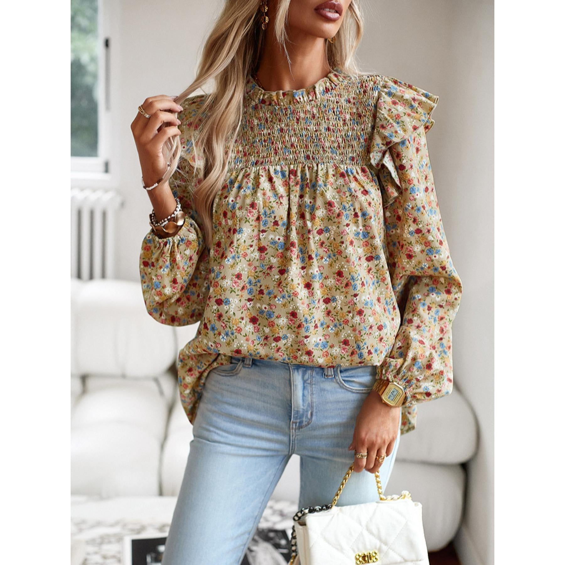 Women's Gorgeous Ditsy Floral Print Polyester Blouse - Smocked Mock Neck, Ruffle Balloon Long Sleeves, Everyday Bohemian Casual Shirt