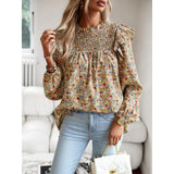Women's Gorgeous Ditsy Floral Print Polyester Blouse - Smocked Mock Neck, Ruffle Balloon Long Sleeves, Everyday Bohemian Casual Shirt