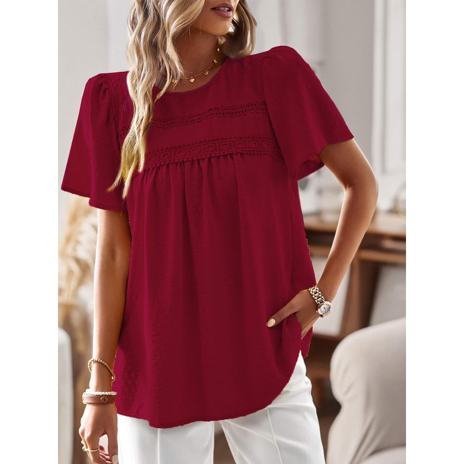 Women Swiss Dot Lace Tunic Top, Round Neck Puff Short Sleeve Loose Flowy Boho Blouse Casual Summer Shirt