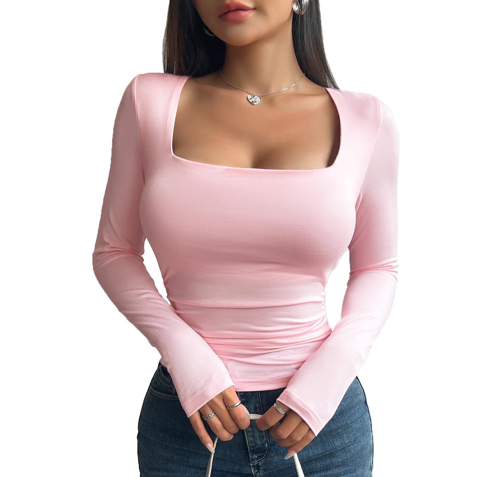 Women's Minimal Cute Deep Square Neck Full-Sleeve Ruched Waist Soft Stretch Solid Bodycon Cropped T-Shirt - High Elastic Fitted Basic Tee for Daily, Club Streetwear