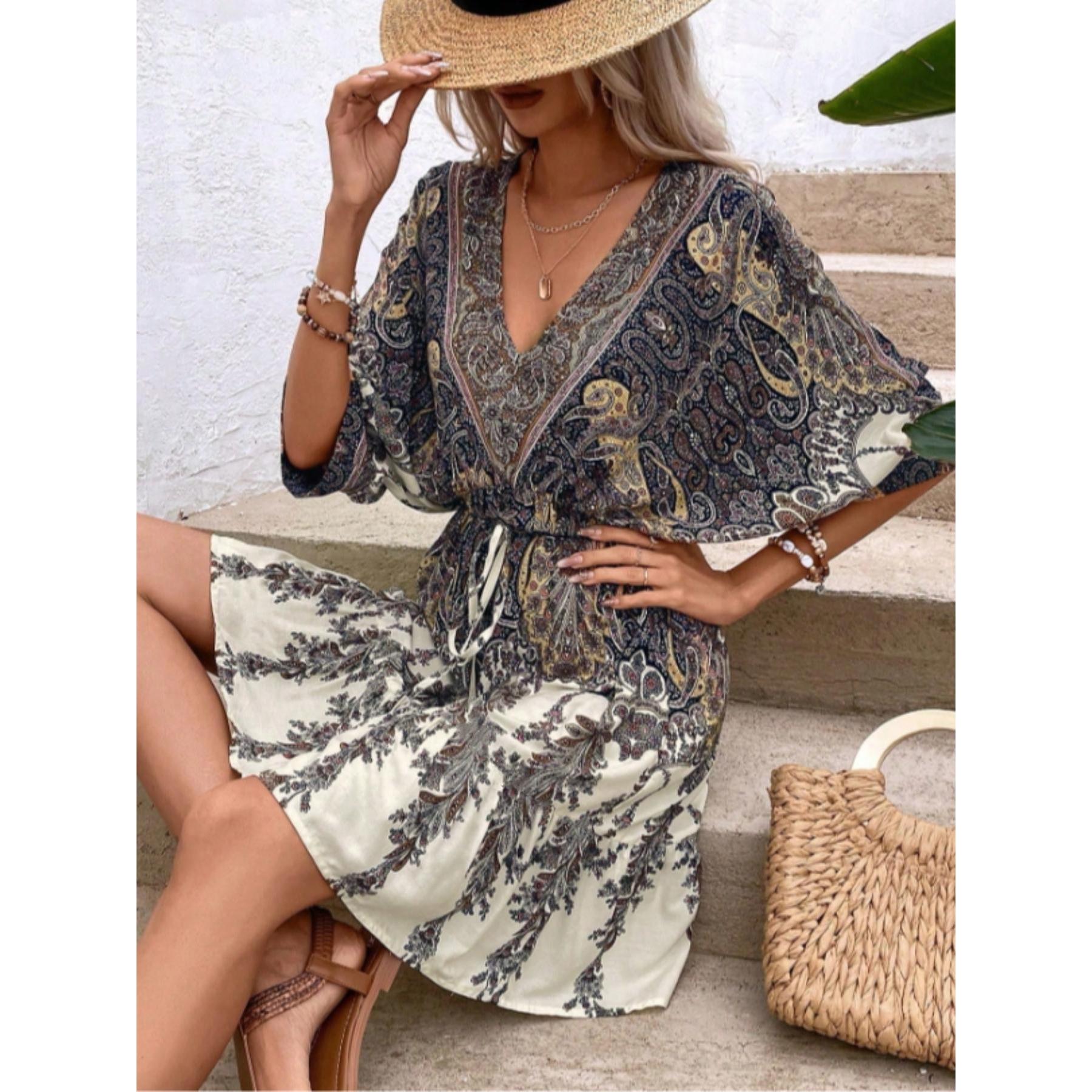 Women's Vintage Loose Boho Casual Paisley Print Mini Dress - Deep V-Neck, Batwing Sleeves, Drawstring Waist, Tiered Ruffled Hem, Gradient Fabric Summer Beach Vacation Dress