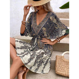 Women's Vintage Loose Boho Casual Paisley Print Mini Dress - Deep V-Neck, Batwing Sleeves, Drawstring Waist, Tiered Ruffled Hem, Gradient Fabric Summer Beach Vacation Dress