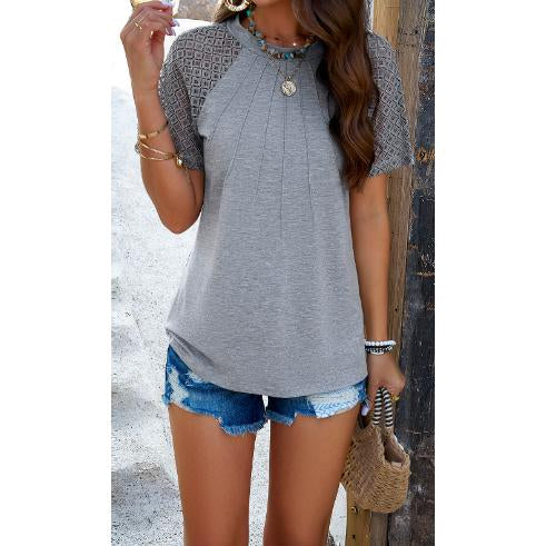 Women Hollow Out Lace Raglan Short Sleeve Top, Crew Neck Pleated Front Soft Casual Summer Tee, Loose Fit Boho Blouse for Daily Outings