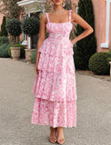 Women's Gorgeous Boho Floral Tiered Maxi Dress - Square Neck, Spaghetti Straps, Back Tie Bow, Cutout, Soft Ruffled Flowy Fabric, Adjustable, Comfortable Piece for Day Vacation Beach