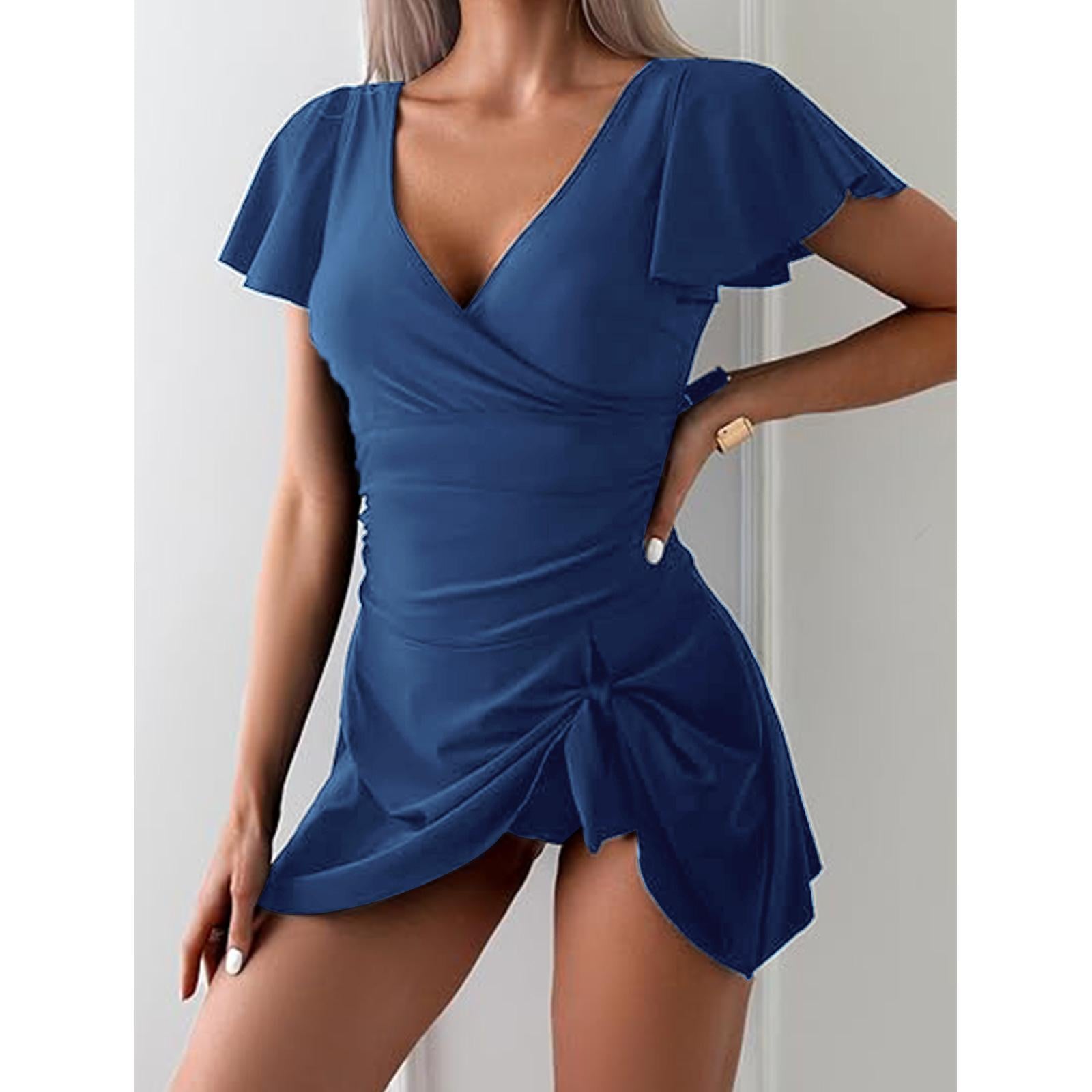 Women's V-Neck Flounce Short-Sleeve Tummy-Control Ruched-Waist Modest 1-Piece Swim Dress, Swimsuit for Women, Ideal for Beach & Pool
