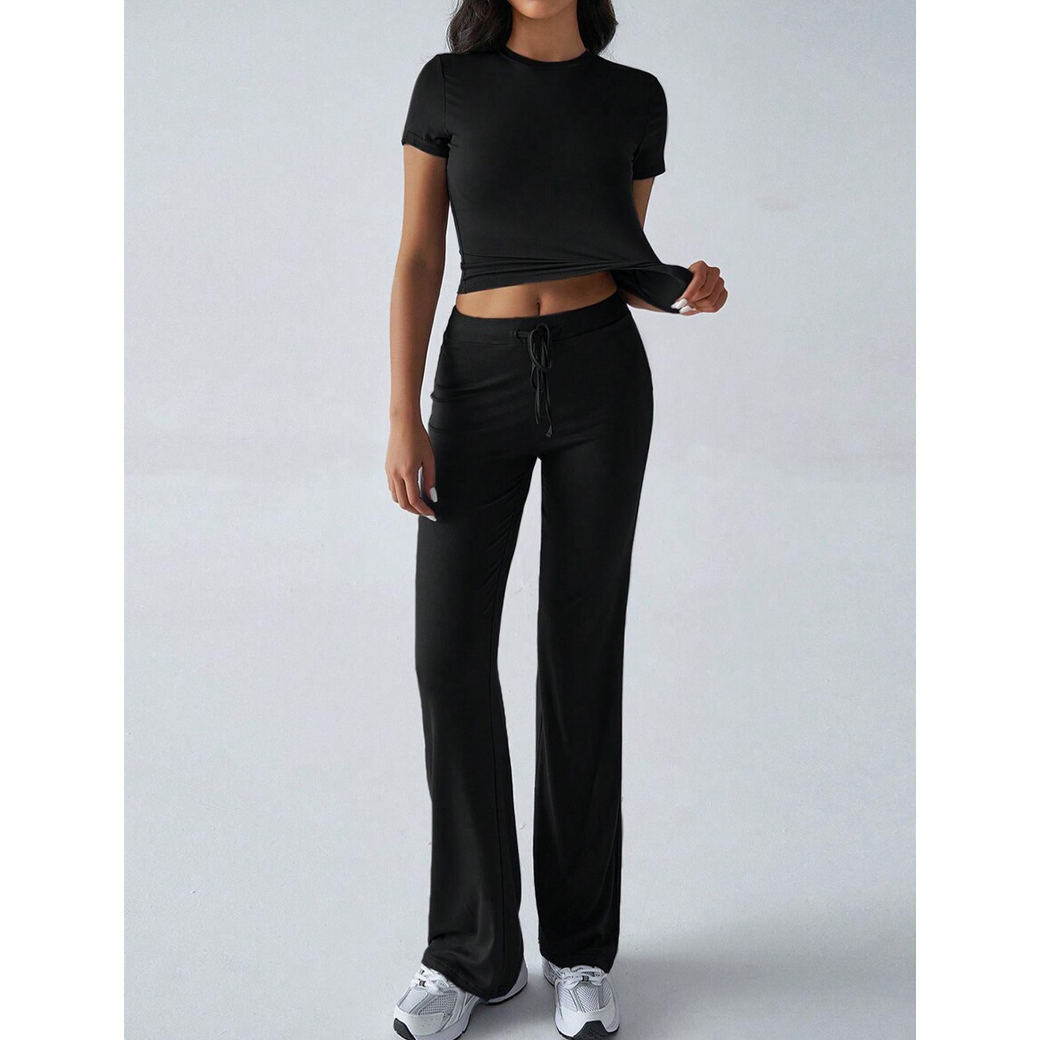 Women's 2-Piece Casual Tracksuit, Short Sleeve Crop Top & High Waist Flare Pants, 2 Piece Sets Women