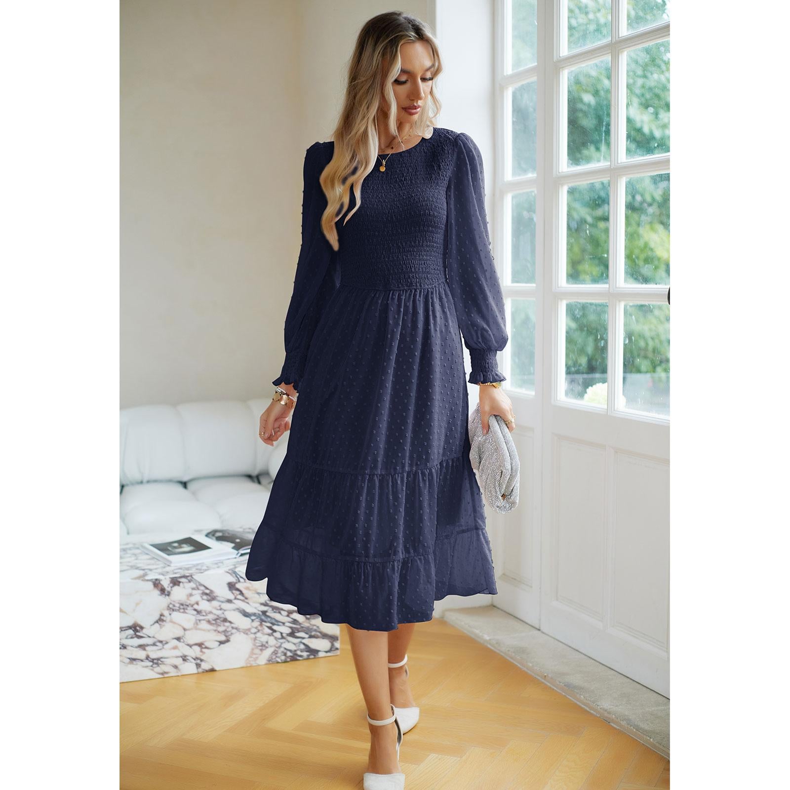 Women's Swiss Dot Long Sleeve Midi Dress - Round Neck Smocked Bodice, Tiered Flowy A-Line, Elastic Fabric, Feminine Balloon Casual Wear Dress