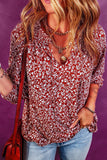 Burgundy Floral Print Smocked Tie Neck Blouse