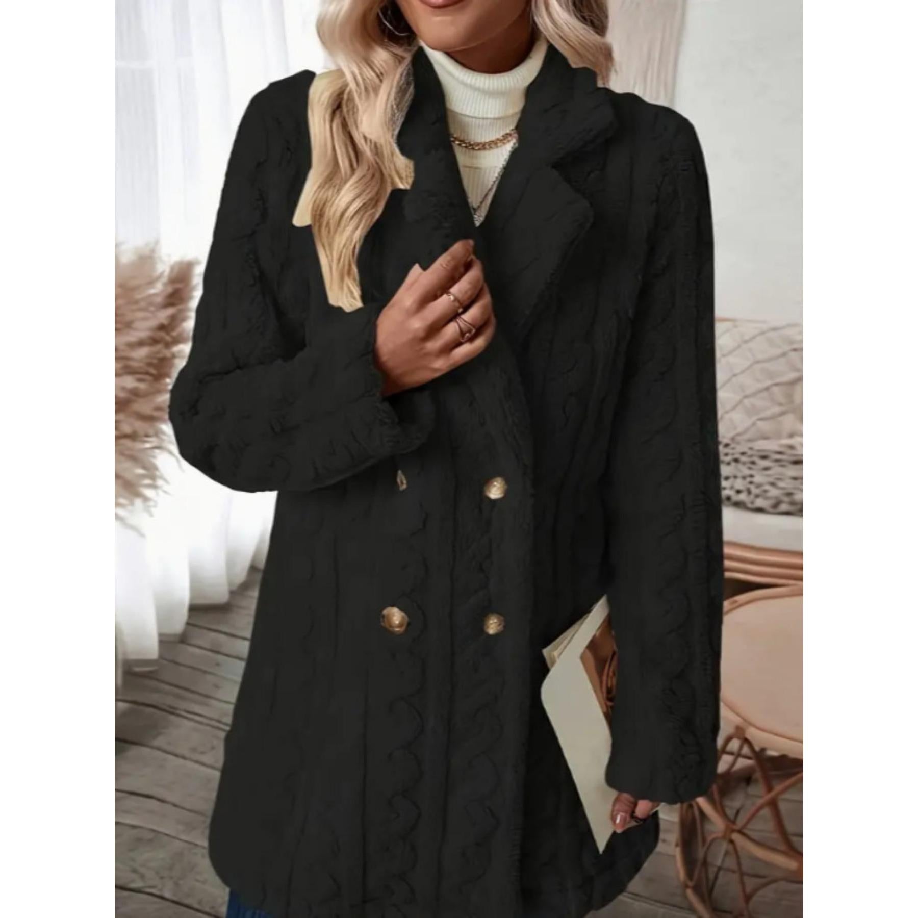 Women's Vintage Cable Knit Warm Plush Mid-Length Coat - Lapel, Double Breasted, 2-Button, Full Sleeves, Casual Winter Outerwear, Buttoned Women's Fleece Jackets (Vintage Clothing)