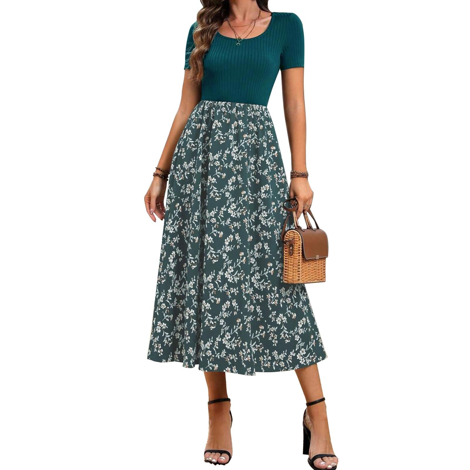 Women's Square Neck Short Sleeve Ribbed Knit High Waist Flowy Boho Midi Dress - Floral Accents Casual Dresses for Daily, Holiday Wear, Women's Dresses