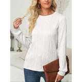 Women Wavy Textured Crew Neck Long Sleeve Top, Casual Lantern Sleeve Loose Fit Solid Color Basic Blouse, Fall Daily Wear Shirts