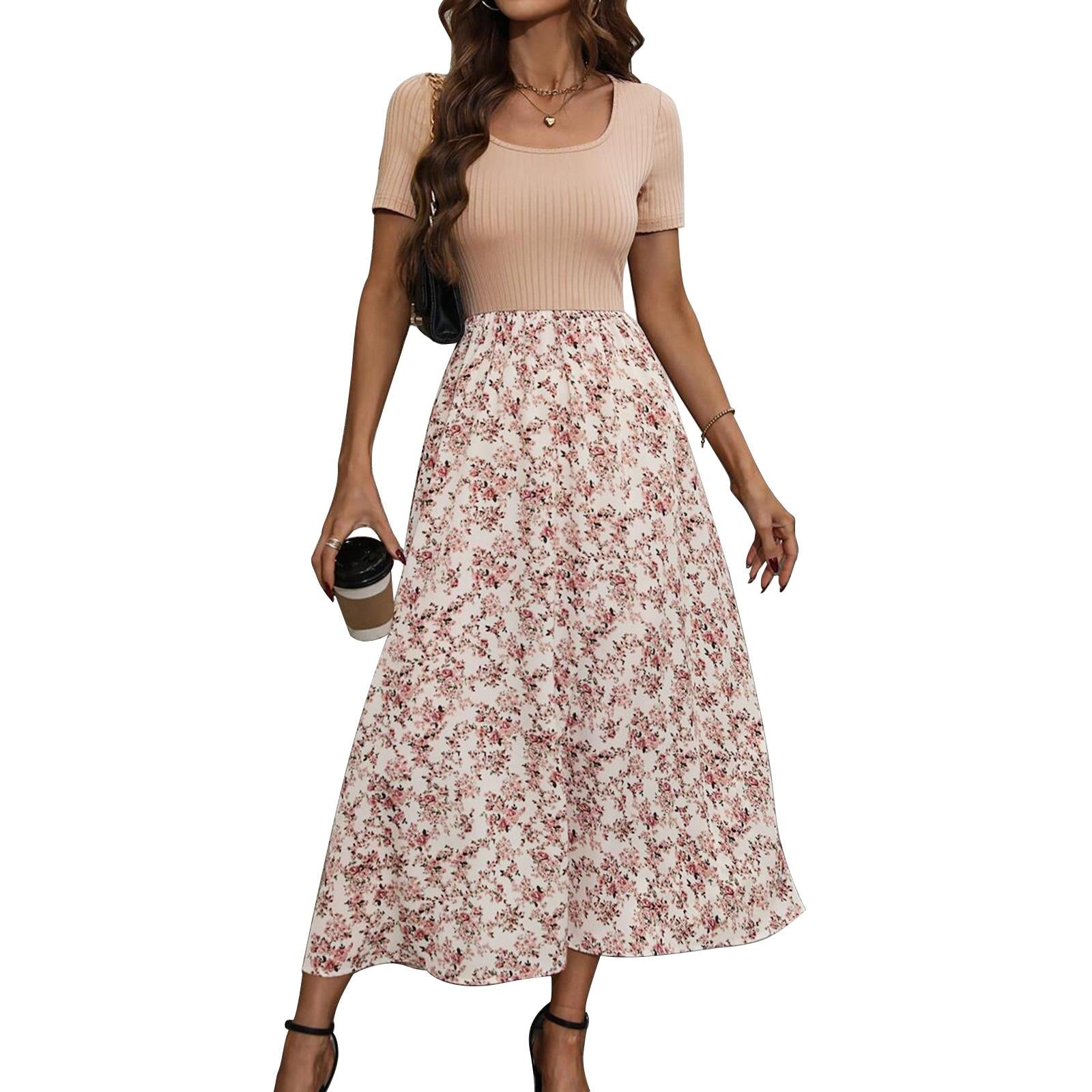 Women's Square Neck Short Sleeve Ribbed Knit High Waist Flowy Boho Midi Dress - Floral Accents Casual Dresses for Daily, Holiday Wear, Women's Dresses