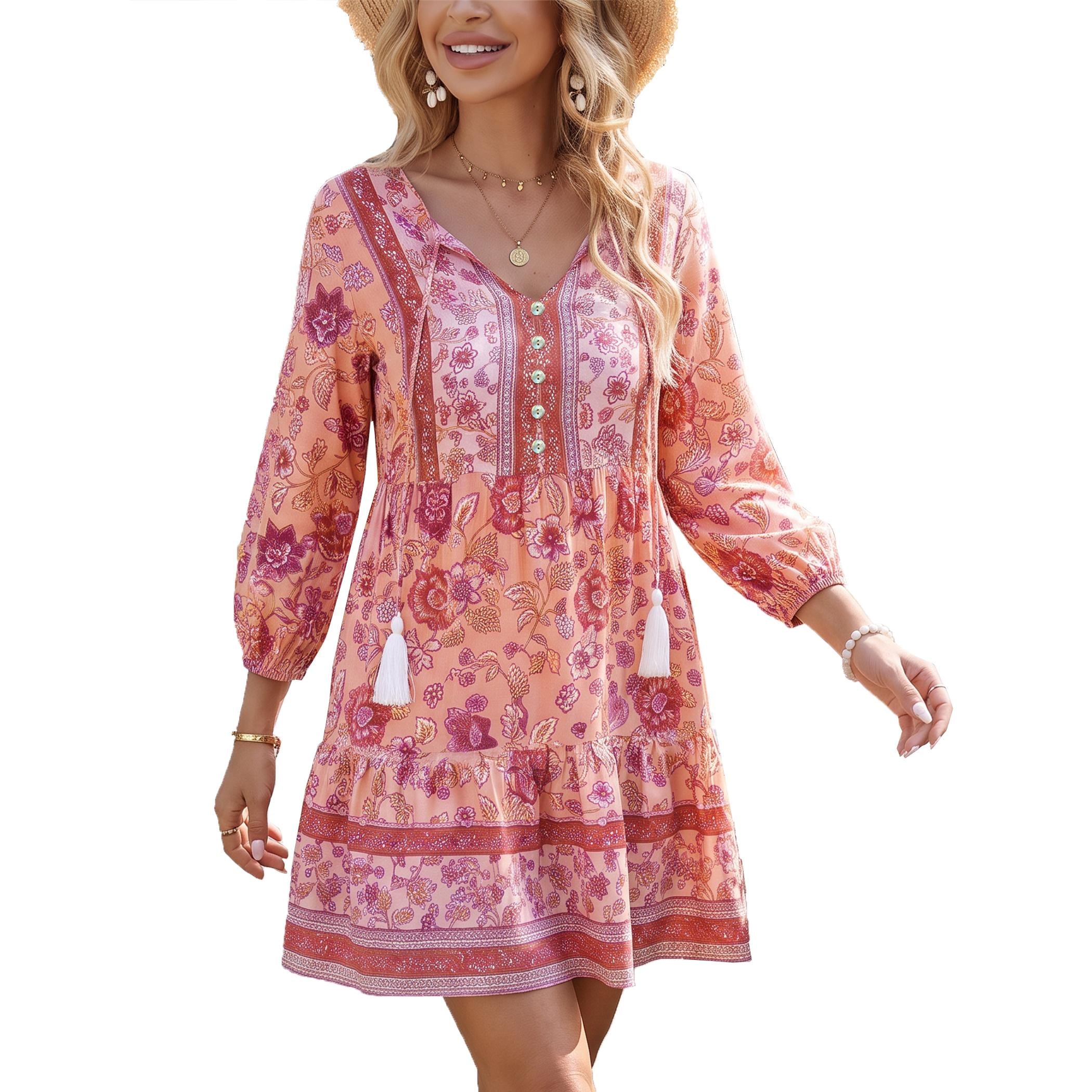 Women's Retro Bohemian Beach Casual Mini Dress - V-Neck, 3/4 Puff Sleeves, Lightweight Soft Elastic Ruffle Tiered Flowy Floral Print, Button Tassel Tie Breathable Summer Dress