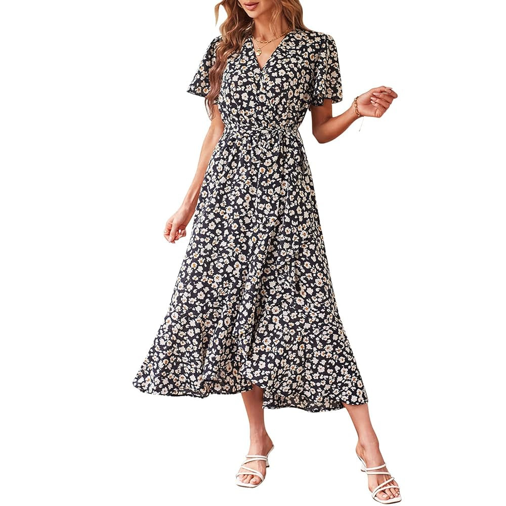 Women's Fitted V-Neck Floral Wrap Casual Midi Dress - Flutter Short Sleeves, Tie Waist, Irregular Ruffle Hem, Gorgeous Bohemian Fabric for Summer Beach Wear