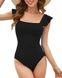 Women's Solid Color Square Neck Backless Flutter Ruffled Sleeve Breathable Elastane Quick-Dry 1-Piece Ruffled Sleeve Swimsuit - Casual Style, Butterfly Design for Sports & Outdoor Beach Parties