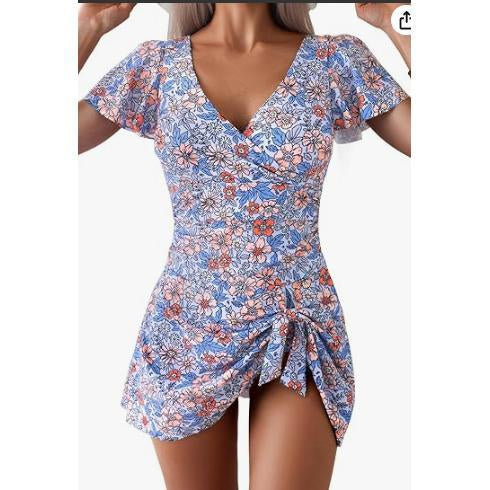 Women's V-Neck Flounce Short-Sleeve Tummy-Control Ruched-Waist Modest 1-Piece Swim Dress, Swimsuit for Women, Ideal for Beach & Pool