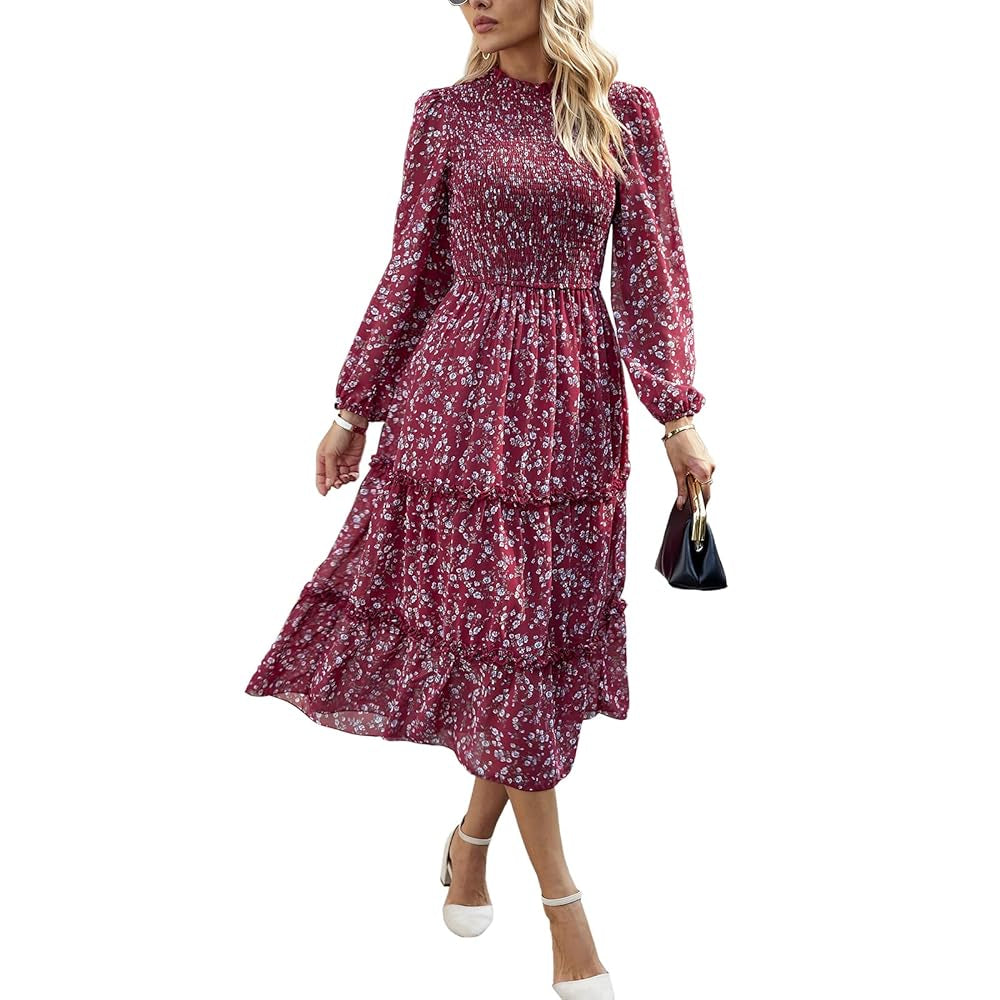 Women's Ditsy Floral Chiffon Midi Dress, Long Sleeve High Neck Smocked Tiered Ruffle Flowy Boho Dress for Spring Fall
