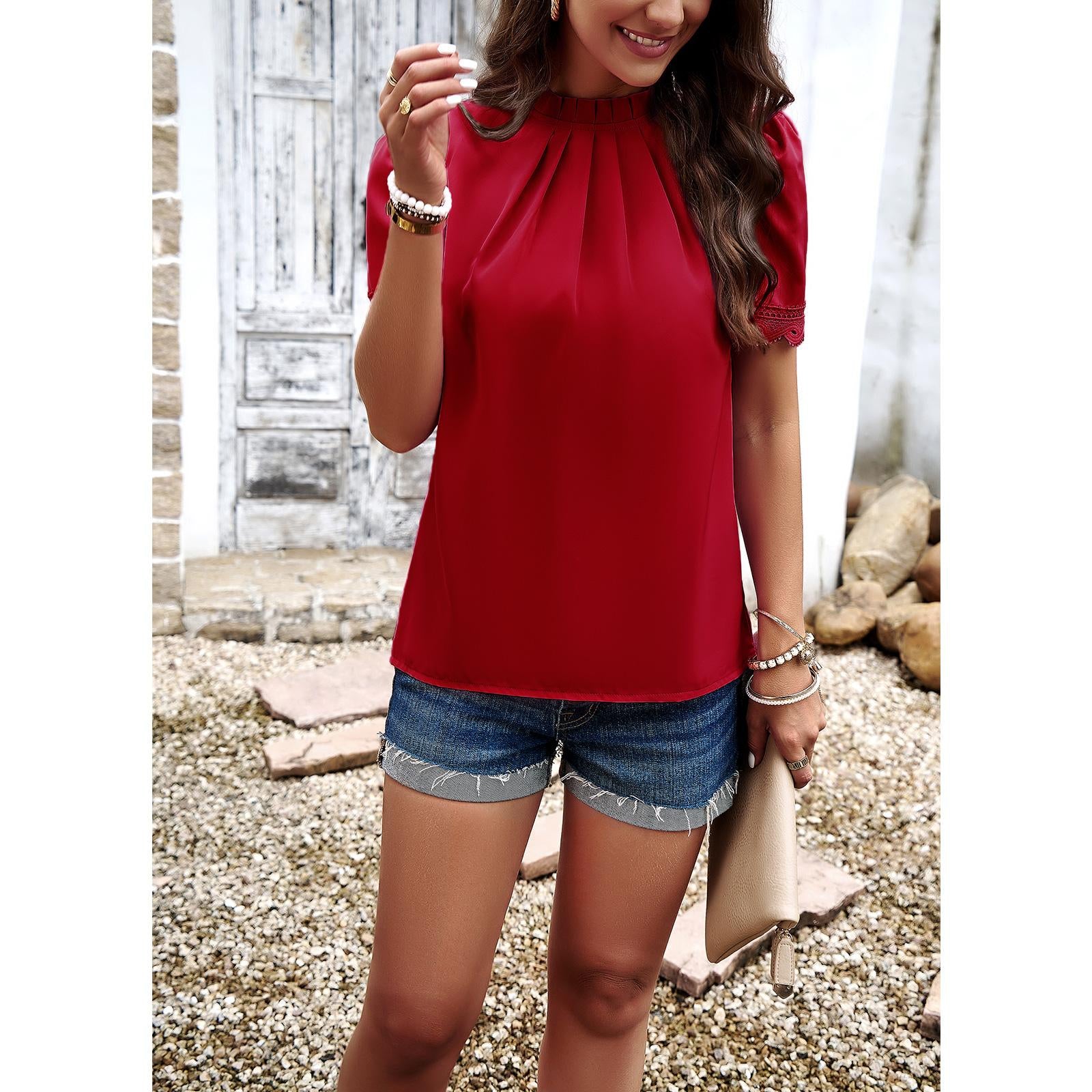 Women's Mock Neck Puff Short Sleeve Blouse, Elegant Lace Trim Pleated Front Loose Fit Summer Chiffon Tunic Top for Office Casual