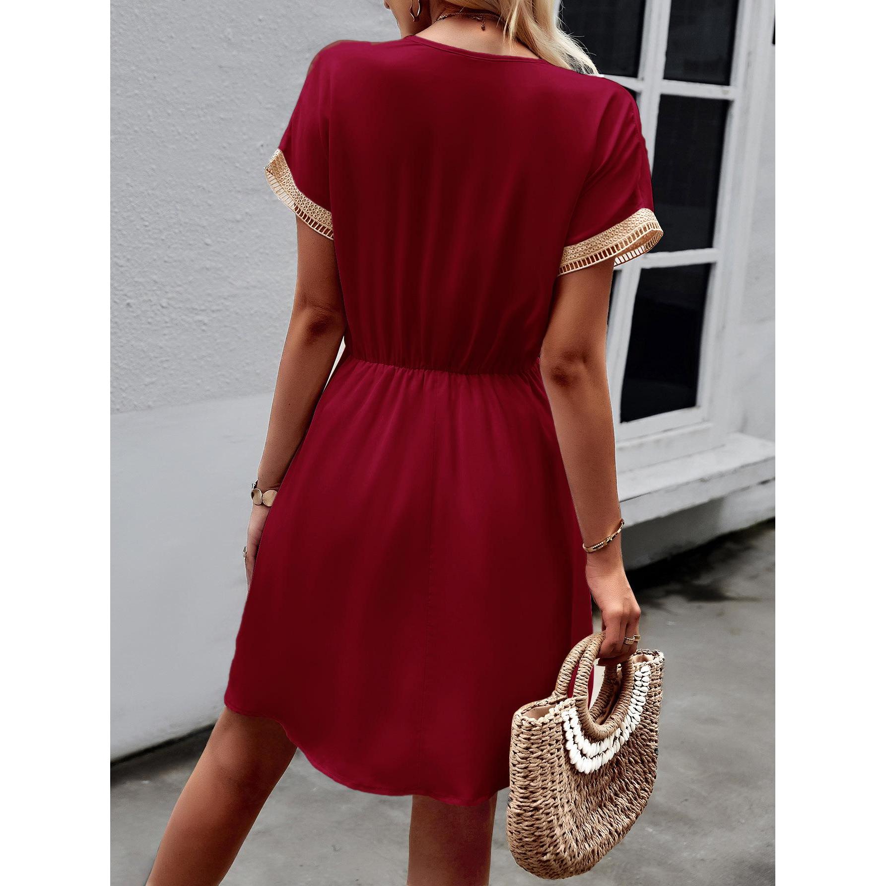 Women's Bohemian Casual Dress - Short Sleeve, Hollow Lace Trim, Tassel Drawstring Waist, Flowy, Elastic, Lightweight, Breathable, Casual Wear, Boho Style Outfit for Beach