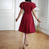Women's Minimalist Soft Wrap V-Neck Ruffle Sleeve High-Waist Flared A-Line Midi Dress - Solid Color Elegant Chic Casual Wear Cocktail Dress with Hip-Flattering Skirt