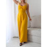 Women Spaghetti Strap Jumpsuit Twist Front Cutout Criss Cross Tie Back Wide Leg Elastic Waist Sleeveless Summer Party Romper