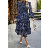 Women's Ditsy Floral Chiffon Midi Dress, Long Sleeve High Neck Smocked Tiered Ruffle Flowy Boho Dress for Spring Fall