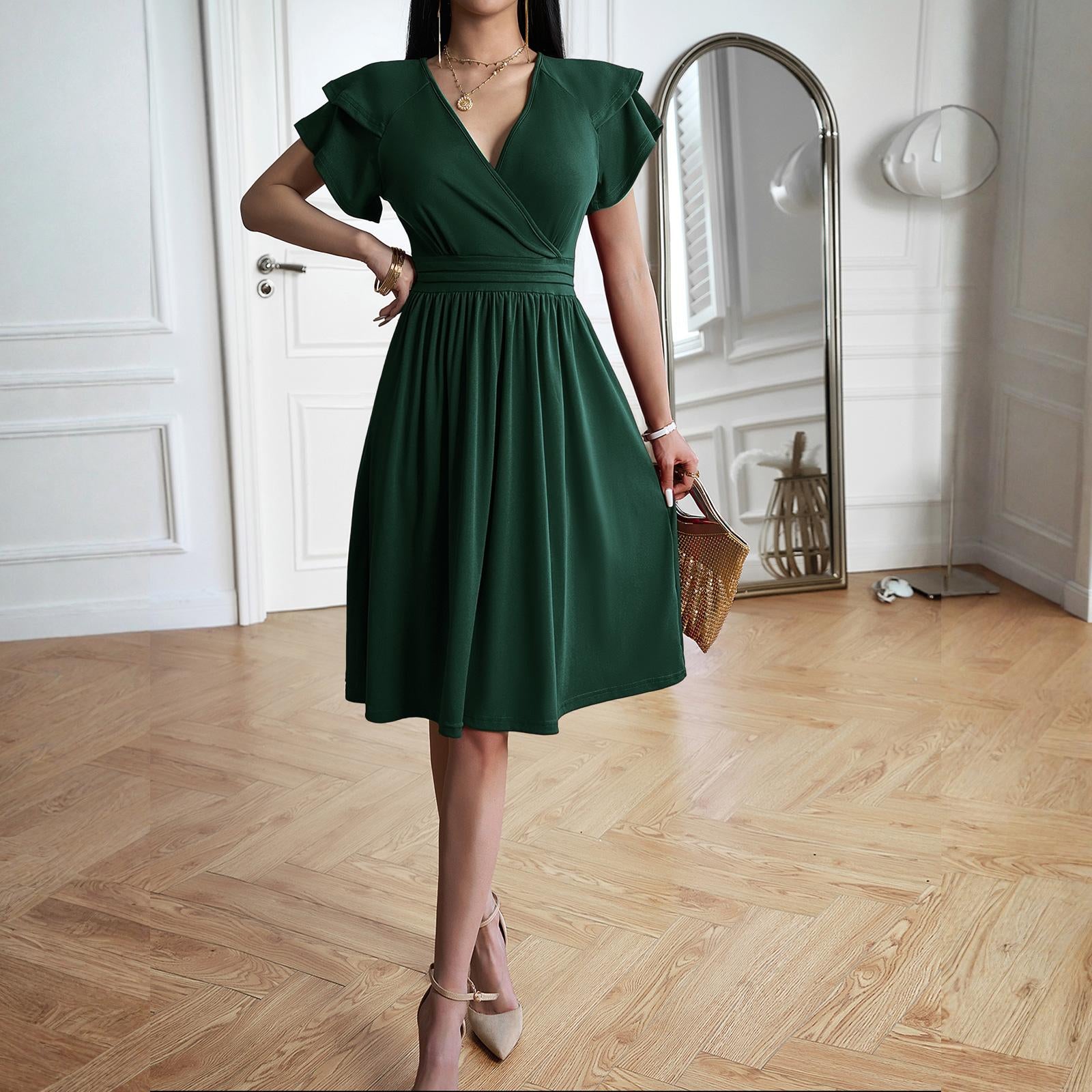 Women's Minimalist Soft Wrap V-Neck Ruffle Sleeve High-Waist Flared A-Line Midi Dress - Solid Color Elegant Chic Casual Wear Cocktail Dress with Hip-Flattering Skirt