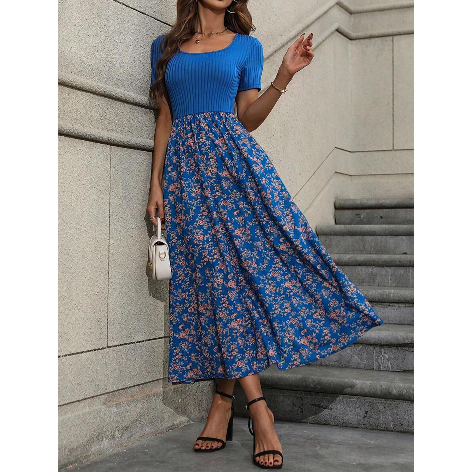 Women's Square Neck Short Sleeve Ribbed Knit High Waist Flowy Boho Midi Dress - Floral Accents Casual Dresses for Daily, Holiday Wear, Women's Dresses