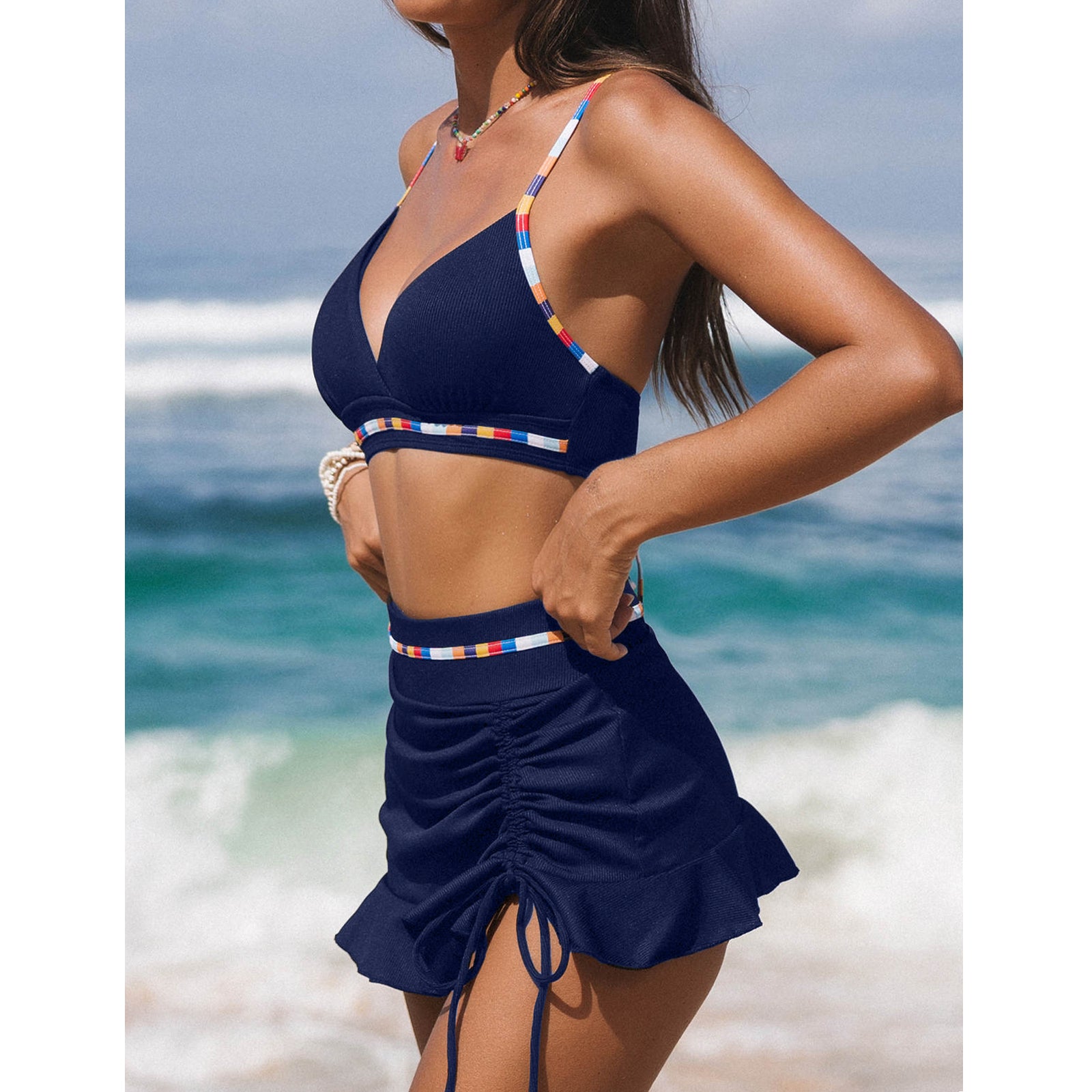 Solid Color Sexy Gathering Skirt Fashionable Women's Split Swimsuit