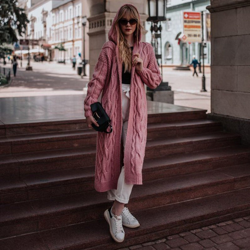Women Solid Hooded Long Cardigan Sweater Twist Knitted Sweater