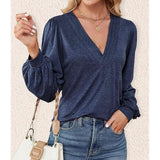 Women's Feminine Knit Deep V-Neck Long Sleeve Blouses - Puff Lantern Sleeves, Pleated Front, Basic Comfy Stretchy Solid Color Loose Fit Casual Shirts for Daily Wear