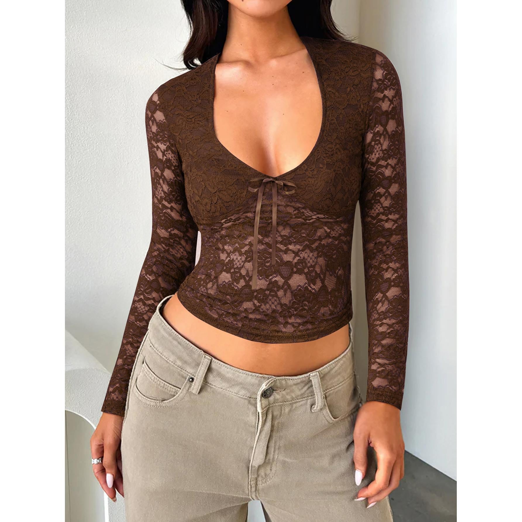Women's Sheer Floral Lace Cropped Blouse - Light Fabric, Deep V-Neck, Front Tie, Long Sleeve, Slim Fitted, Y2K Sexy Lady Going Out Top, Styling-Compatible with Cargo Pants