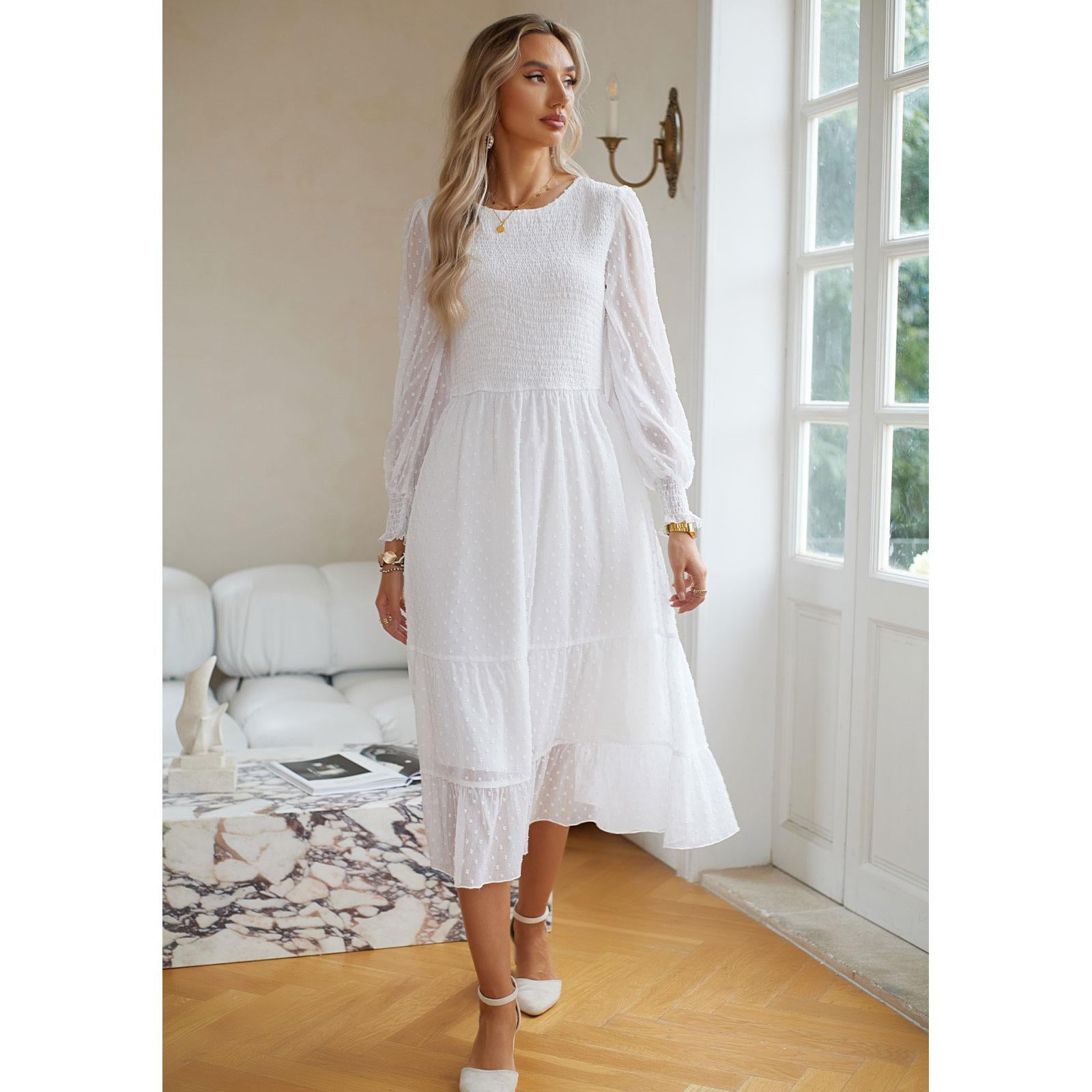 Women's Swiss Dot Long Sleeve Midi Dress - Round Neck Smocked Bodice, Tiered Flowy A-Line, Elastic Fabric, Feminine Balloon Casual Wear Dress