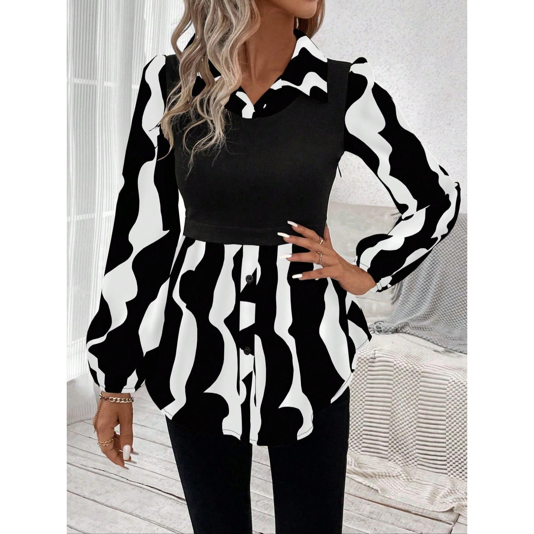 Lady's Ribbed Basic Chic Fabric Fake 2-Piece Peplum Blouse - Collared Puff Long Sleeve Print Patchwork Tunic Top, Elegant Casual Fall Womenswear
