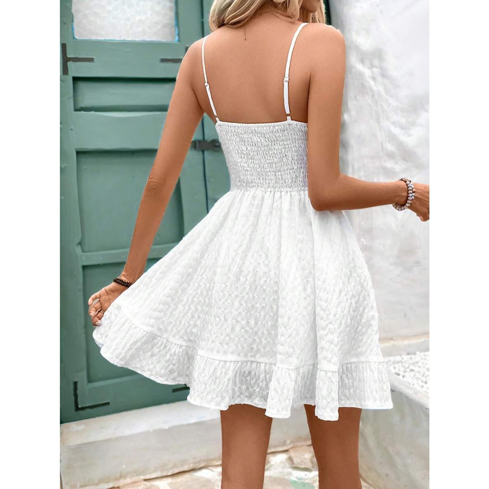 Women Square Neck Spaghetti Strap Mini Dress, Smocked Waist Textured Ruffle Hem A-line Summer Sundress for Beach Vacation